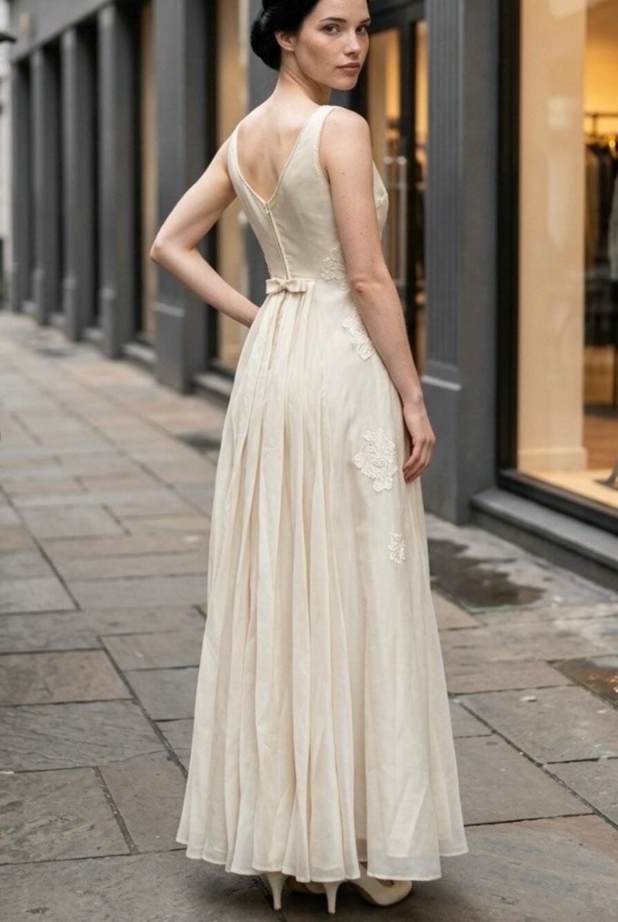 Silk Organza Ivory Wedding Gown Size S 3D Rose Applique Romantic VTG c. 1967